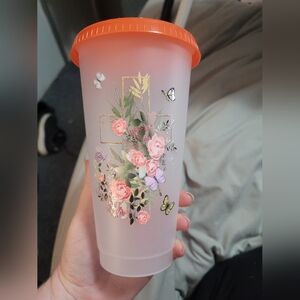 Floral Cross 24oz Tumbler with Orange Lid